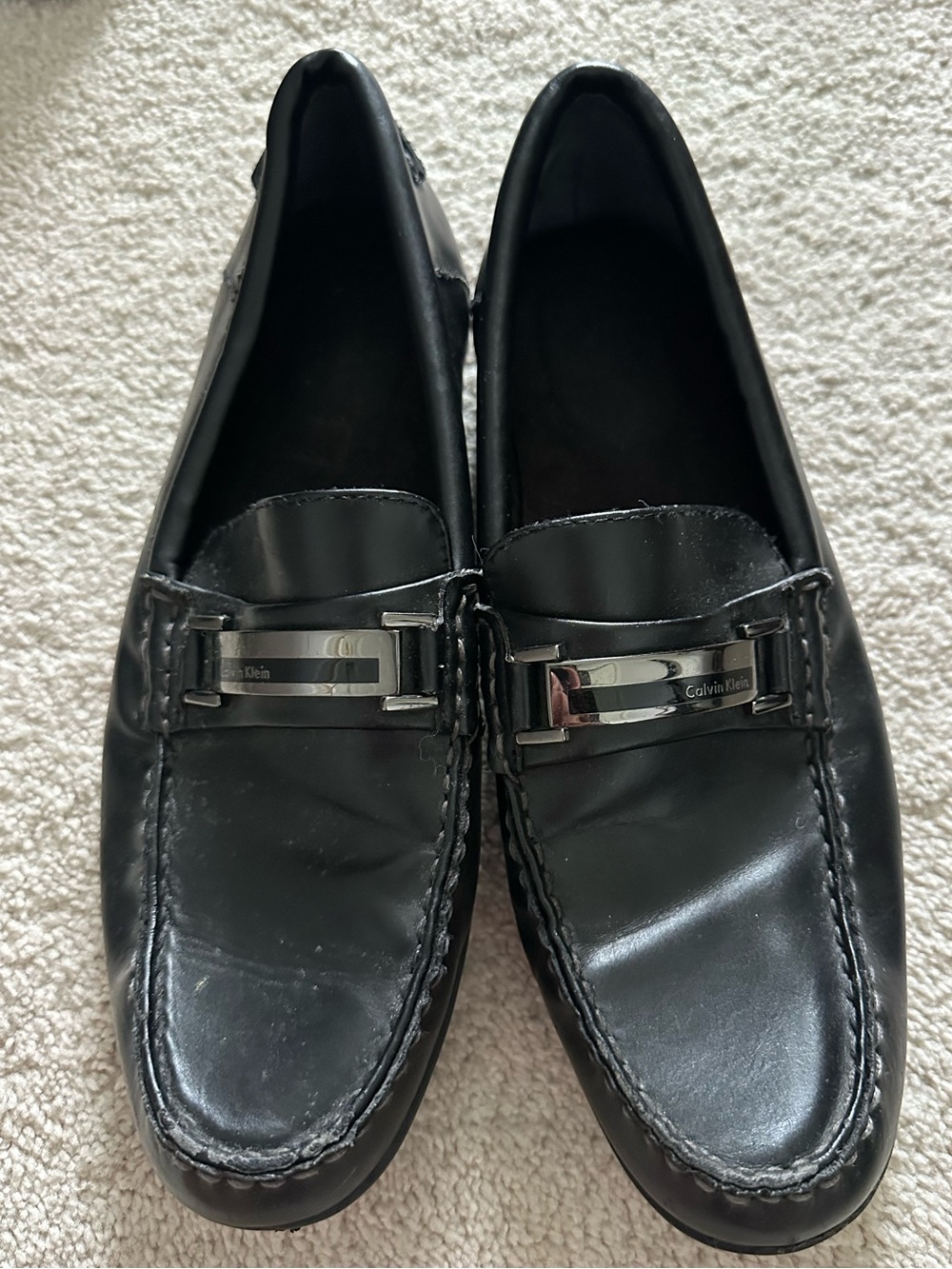 Calvin Klein Black Leather Slip-On Loafers with Silver Hardware Buckle size 10.5
